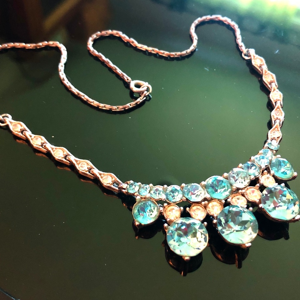 VTG Art Deco Aquamarine Glass Clear Rhinestone Diamante Estate Wedding Necklace